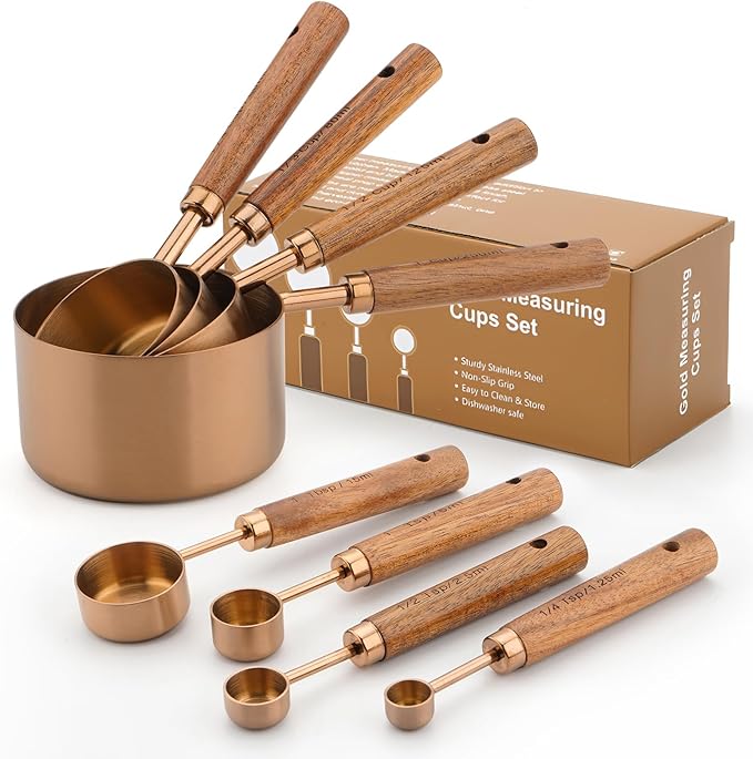 Gold Measuring Cups and Spoons Set, 8 Piece Premium Stainless Steel Measuring Cups with Wood Handles for Baking Supplies in the Kitchen (Bronze)