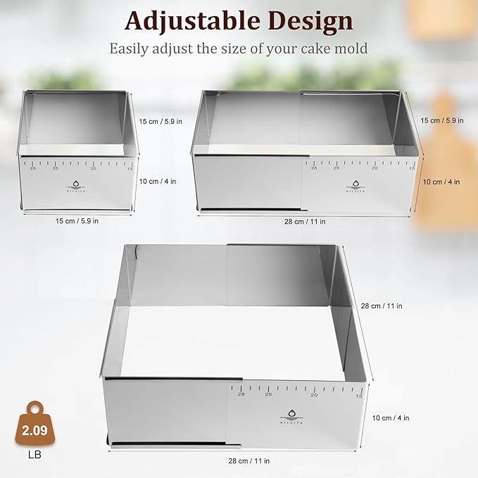 Adjustable Rectangle Mousse Cake Ring Mold - Extendable Stainless Steel Square Shaped Cake Cutter, Bakeware for Customized Baking - Heavy Duty Baking Accessories - 5.9 * 5.9 * 4IN