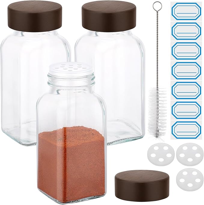 Segarty 6oz Spice Jar with Wood Lids, 3 PCS 180ml Square Condiment Containers, Empty Glass Seasoning Organizers Spices Cereal Storage Bottles, Large Salt and Pepper Shakers with 7 Stickers and 1 Brush