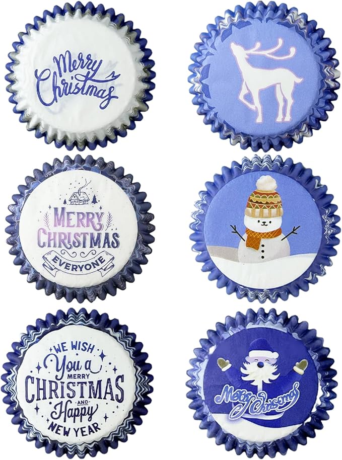 qiqee Christmas Cupcake Liners Mini 300PCS Gradient Bue Cupcake Cups 6 Designs Cupcake Papers Baking Cups Wrappers For Holiday Party Supply (Small Size)
