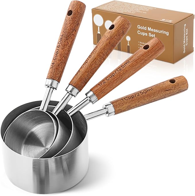 SHIKORI Gold Measuring Cups and Spoons Set with Wood Handles, Premium Stainless Steel Measuring Spoons and Measuring Cups Set, For Cooking and Baking in the Kitchen-Silver-4Cups