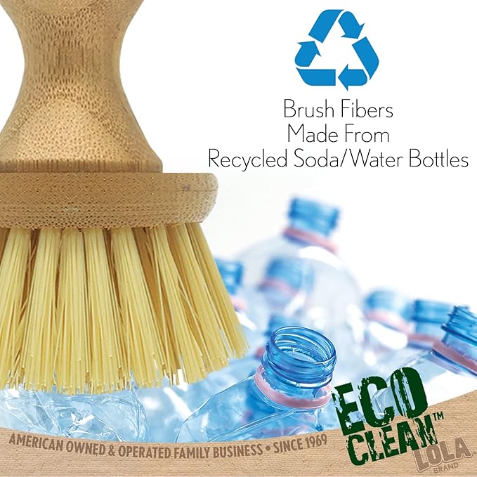 LOLA Vegetable Brush w/Comfort Bamboo Knob, 6 Pack, Durable Poly Bristles, Natural Bamboo, Fibers are Recycled Soda/Water Bottles