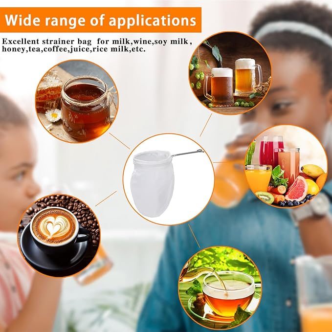 Ultra Fine Mesh Strainer with Stainless Steel Handle, Reusable Food Grade Juice Strainer, Cheesecloth Strainer with Zipper for Nut Milk, Coffee, Butter, Juices and Cheese (Medium)