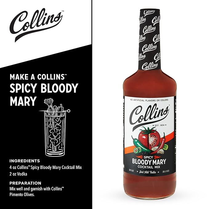 Collins Spicy Bloody Mary Mix, Brunch Cocktail Recipe, Bartender Mixer, Drinking Gifts, Home Cocktail bar, Set of 6 32 fl oz Bottles
