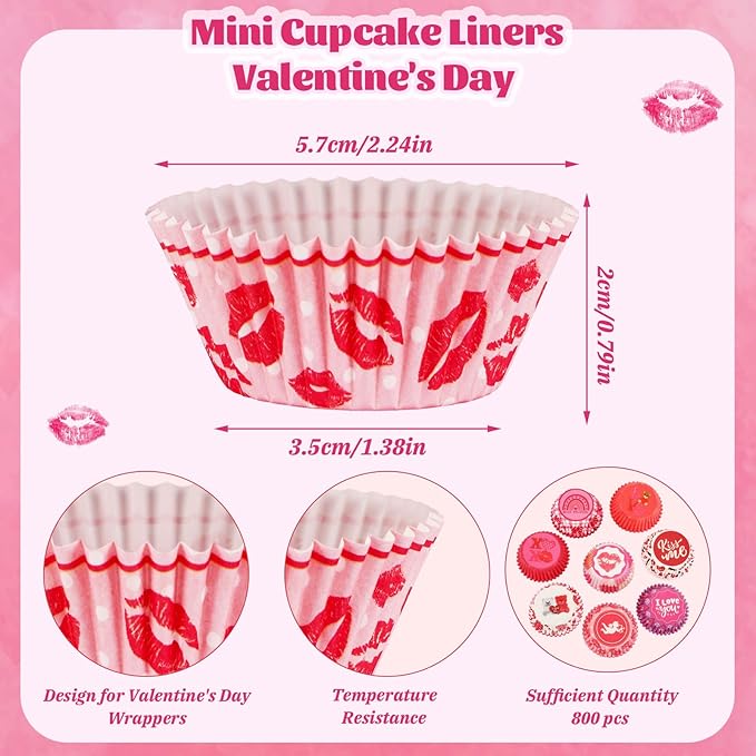 AUGSUN 800pcs Valentine's Day Mini Cupcake Liners Pink Red Valentine Cupcake Baking Cups Mini Cupcake Wrappers for Valentine's Day Party Cake Candy Chocolate Wrap Making Supplies(8 Style)