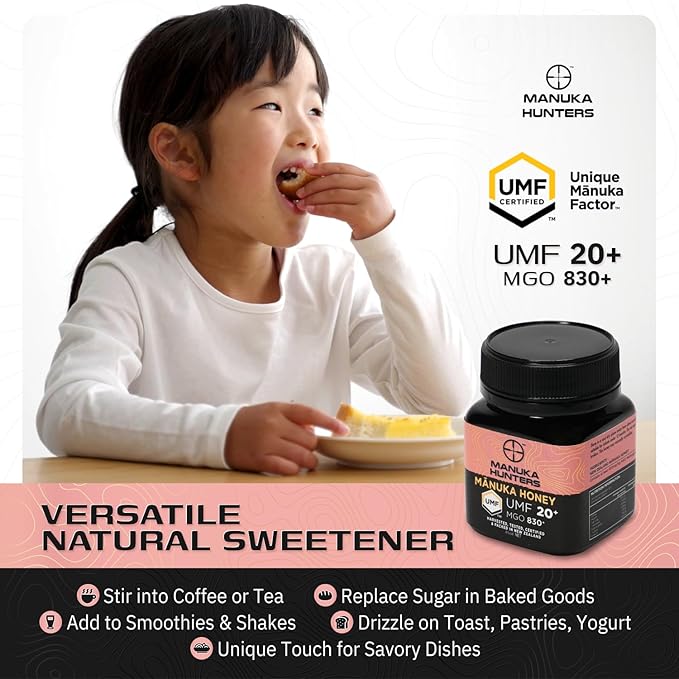 Manuka Hunters UMF 20+/MGO 830+ Certified New Zealand Manuka Honey - 100% Pure Natural Sweetener - Gluten, Dairy Free - Ideal for Tea, Coffee, Smoothies, and Baking - Sustainable - 4.4oz=85ml Jar