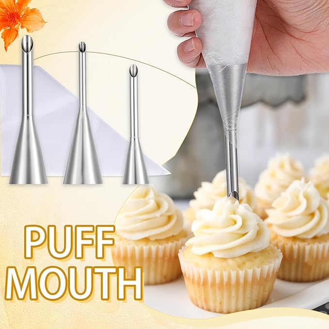 3 Pcs Puff Cream Filling Piping Tips Kit, Long Piping Nozzle with 50 Disposable Bags and 1 Pcs BrushCream Filling Nozzles for Donuts Puff Eclairs Pastry Decorative