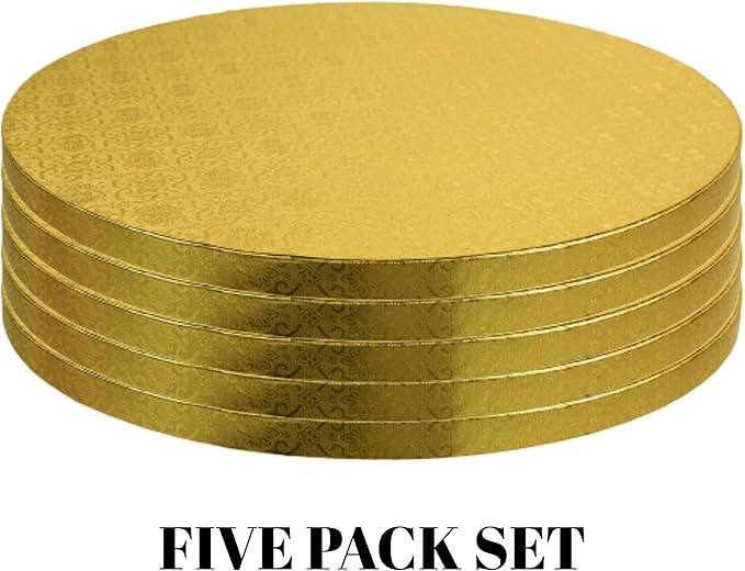 O’Creme Cake Board, Gold Foil Round Cake Circles with Gorgeous Design, Sturdy & Durable 1/2” Thick Cake Drums, Round Cake Boards with 12” Diameter, Pack of 5 Disposable Cake Drums