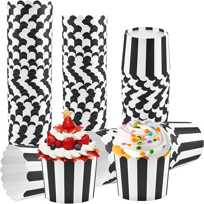 200 Pcs Black and White Cupcake Liners, Paper Baking Cups, Greaseproof Muffin Liners, Elegent Cupcake Muffin Cases, Disposable Cupcake Wrappers for Baby Shower Birthday Themed Party