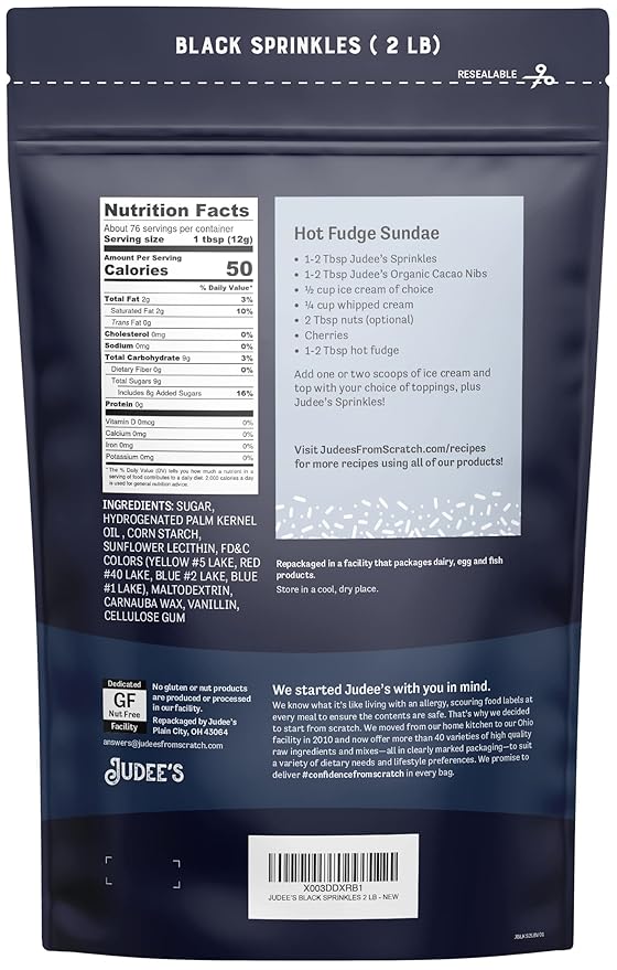 Judee's Gluten Free Black Sprinkles - Cake Decorating Accents - Versatile Dessert Topping & Edible Dessert Decorations - Ice Cream & Cupcake Sprinkles - 2 lb