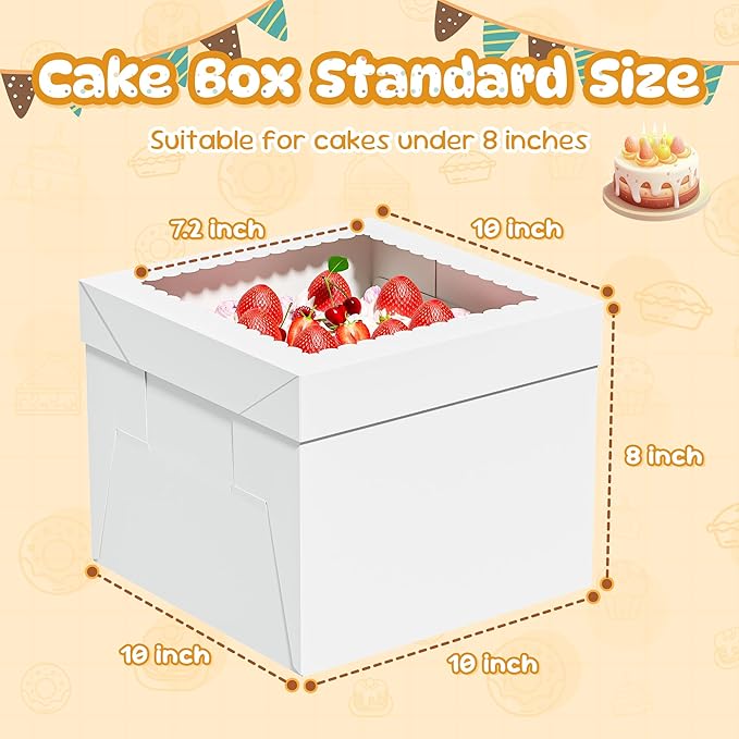 7 Pack Cake Boxes, 10x10x8 Inches Tall Cakes Box with Window, White Cake Boxes with Cakes Boards, Square Bakery Box, for Cake, Treat Cookie Dessert, Pastry, Birthday Party, Mother's Day, Weddings