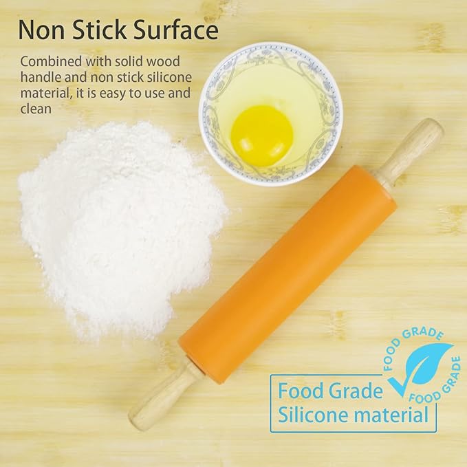 Silicone Rolling Pin for Baking Non-stick Rolling Pin Dough Roller Wooden Handle Kitchen Accessories Pastry Roller
