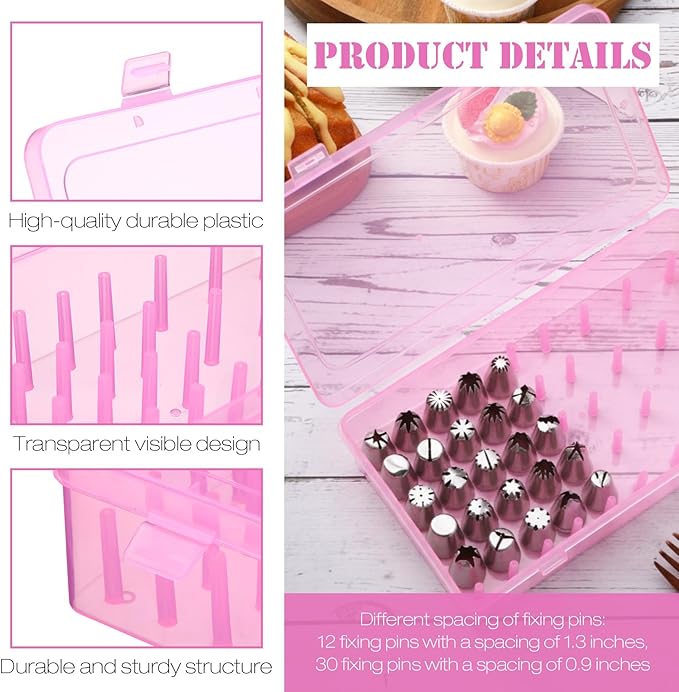 2pcs Piping Tip Box with Fixed Pins 84 Piping Tip Organizer Baking Cake Decoration Tool Storage Box(Pink)