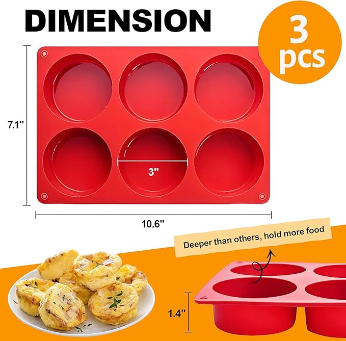Silicone Egg Bite Molds, 3 Pack Deep 3 Inch Dash Egg Cups Sous Vide Mold Round Rolls Molds for Breakfast Sandwiches Omelets Dinner Rolls Baking - Red