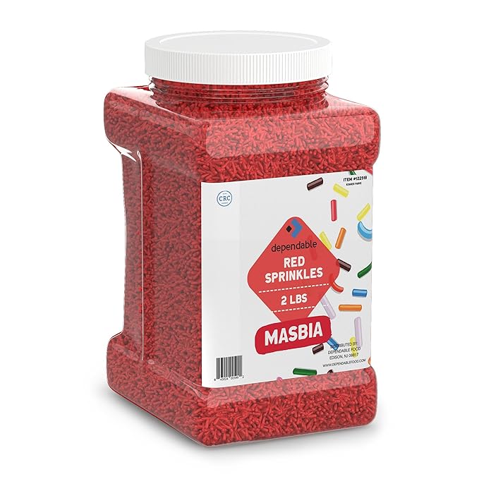 Dependable Food Red Sprinkles - 2 Lb. Bulk Container - Gluten-Free, Kosher, Red Jimmies for Cake Decorating, Cupcakes & More - Resealable Jar