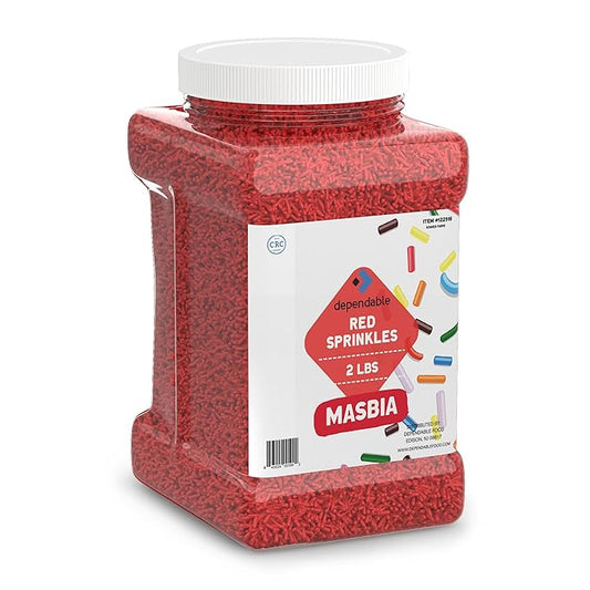 Dependable Food Red Sprinkles - 2 Lb. Bulk Container - Gluten-Free, Kosher, Red Jimmies for Cake Decorating, Cupcakes & More - Resealable Jar