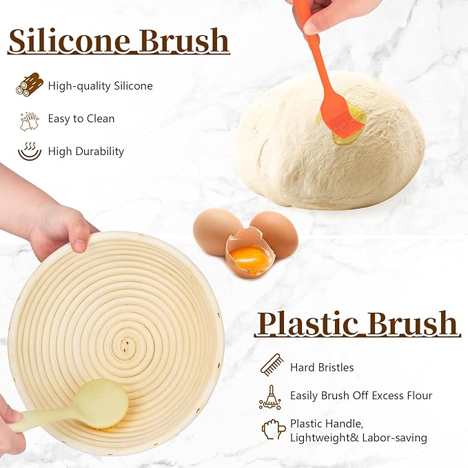 Banneton Bread Proofing Basket Set of 2 9 inch Round Dough Proofing Basket，Sourdough Starter Kit with Linen Liner, Lame, Dough Whisk,Complete Sourdough Bread Baking Supplies