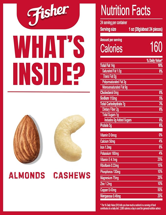 Fisher Oven Roasted Never Fried Almond & Cashew Blend, 24 Ounces (Pack of 1), Healthy Snacks for Adults, No Added Oil, Artificial Ingredients or Preservatives, Trail Mix, Gluten Free