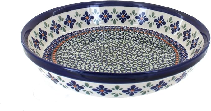 Blue Rose Polish Pottery - Green Mosaic Flower Pie Plate - 9.75" Diameter - Ceramic Baking Dish, For Pies, Quiches & Desserts