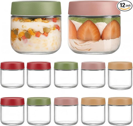 12-Pack Overnight Oats Containers with Lids, 10oz Glass Jars with Airtight Lids, Wide Mouth Mason Jars,Salad & Yogurt Storage, Snacks, Sugar-Reusable