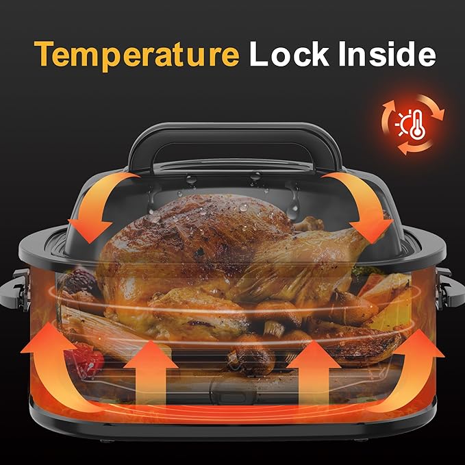 Roaster Oven 26Qt, Multifunctional Electric Roaster Oven for Turkey Meats Bread Soup Sauce, Fast-Cooking Turkey Roaster with Self-Basting Lid, Removable Pan and Rack, Stainless Steel