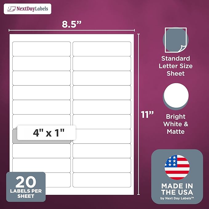 NextDayLabels 4' x 1" White Laser/Inkjet Printer Labels - 2000 Labels (100 Sheets, 20 Per Sheet) - Address, Shipping, Return Labels