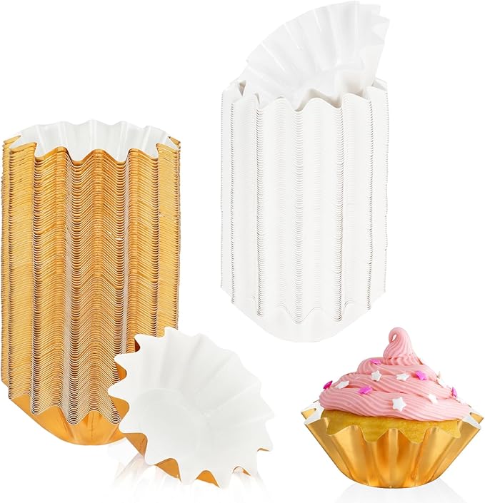 200 PCS Baking Cups Cupcake Liner Flared Brioche Standard Muffin Wrappers Greaseproof Coated Paper Cup for Wedding Birthday Holiday Party or Baby Shower (Gold+White)