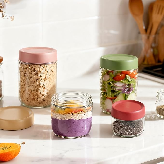 12 Pack Sealed Glass Jars with Lids 4oz 10oz 16oz, Overnight Oats Storage Containers, Salad, Yogurt, Snacks, Spices, Meal Prep Mason Jars - Reusable & Airtight