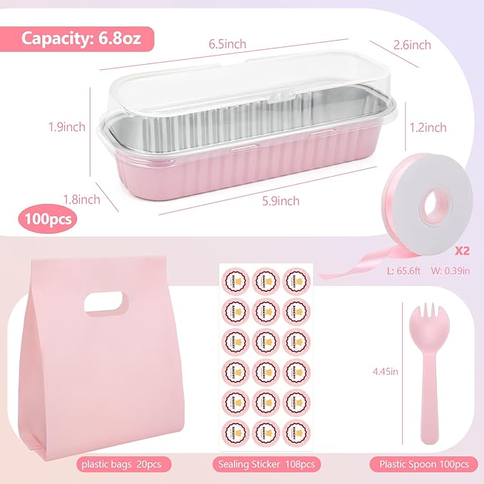 OcePor 100 Pack Mini Loaf Pans With Lids，Mini Cake Pans With Lids and Spoons，6.8oz Bread Loaf Pans Disposable，Small Aluminum Cake Tins,Baking Pans Individual