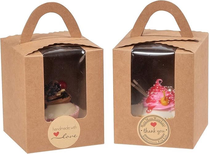 ihomecooker 25 Pcs Single White Cupcakes Containers Gift Boxes with Window Inserts Handle for Wedding Candy Boxes (25P-Handle-Brown)