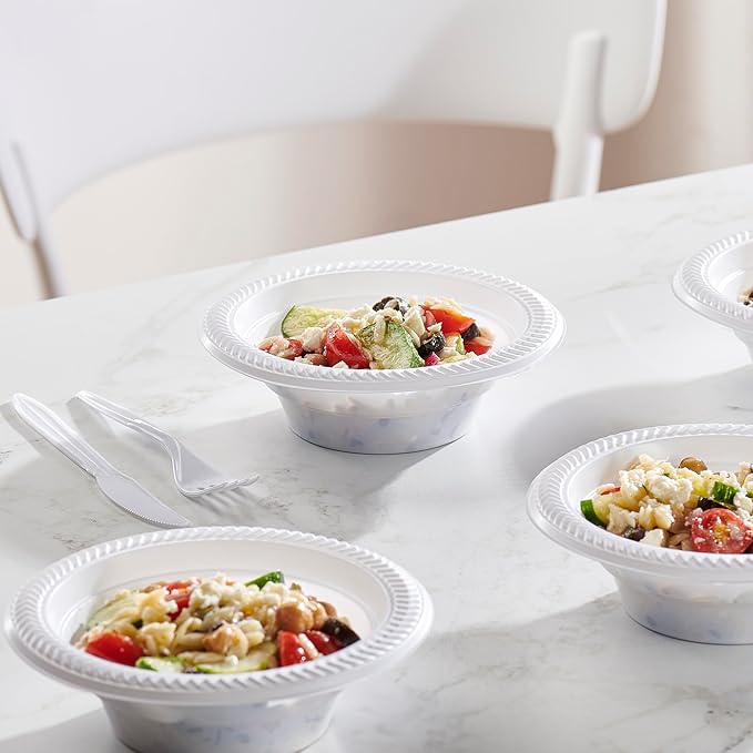 PLASTICPRO 200 PCS White Plastic Soup Bowls 12 oz Premium Quality Light Weight Dishes Disposable Plastic Bowls for Parties Weddings