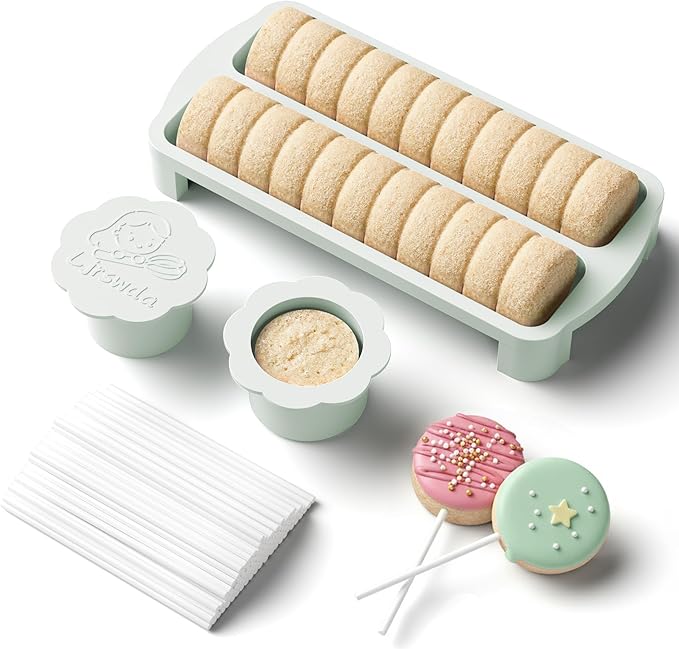 Cake Pop Cutter and Pusher Kit with Non-3D Printed 1.75” Round Cake Pop Mold, High-Capacity Dual-Cavity Cake Pop Tray, Set with 100 Pcs Cake Pop Sticks, Dishwasher Friendly | white