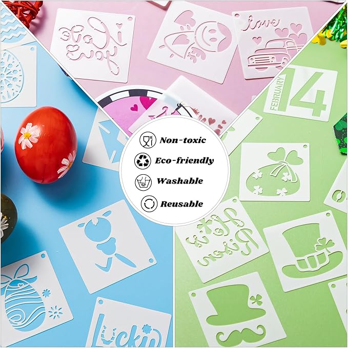 100 Pcs Stencils for Painting on Wood Reusable Stencil Crafts Drawing Templates Holiday Wall Paper for DIY Scrapbook Home 2 x 2 Inch(Bunny, Shamrocks, Heart)