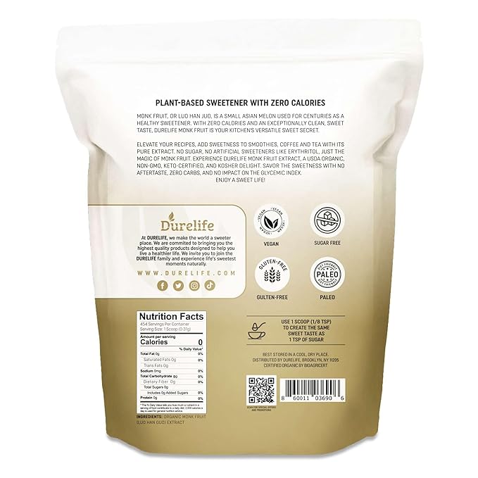 Durelife Organic 100% Pure Monk Fruit sweetener, No Erythritol, Monkfruit Extract Powder, USDA organic NON-GMO Project Verified, Keto Certified, OU kosher No Fillers Zero Calorie Sugar Substitute 5 OZ