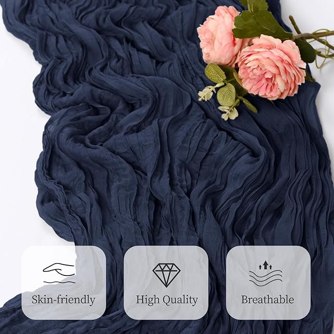 12 Pack Navy Blue Cheesecloth Table Runner 17x108 Inch Semi Sheer Boho Gauze Cheese Cloth Fabric Table Runners, for Wedding Party Baby Shower Birthday Home Decor Garden Farmhouse