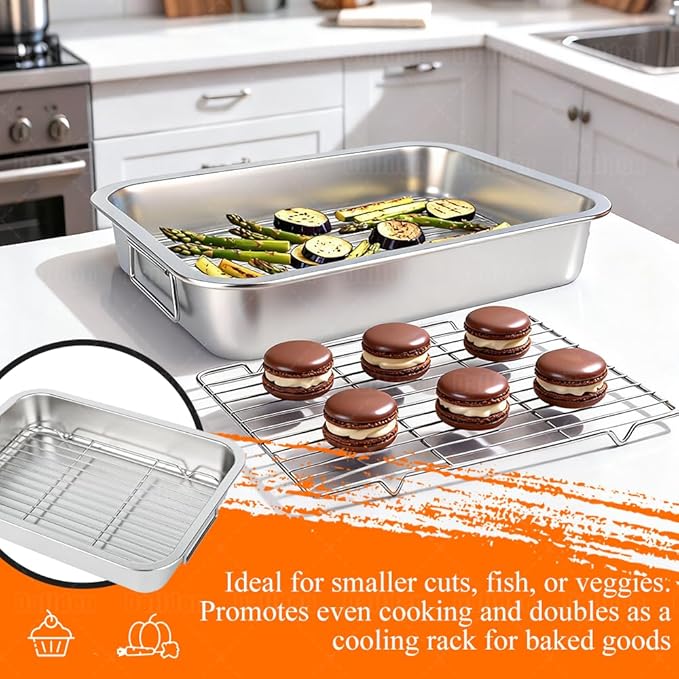 Roasting Pan Kit 15.5x11.5 Inch, Stainless Steel Turkey Roaster Baking Pan for Ovens-Heavy Duty Turkey Roaster V Rack & Cooling Rack, Deep Broiling Pan for Thanksgiving Christmas,Dishwasher Safe