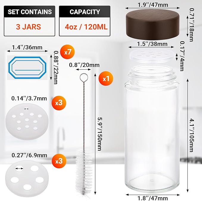 Segarty 4oz Spices Jars with Wood Lids, 3 PCS 120ml Round Spice Containers, Clear Glass Seasoning Organizers Herb Cereal Bottles for Storage, Empty Salt and Pepper Shakers with 7 Stickers and 1 Brush