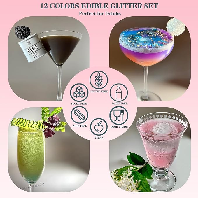 Christmas Edible Glitter 12 Colors Set, Food Grade Metallic Shimmer Dust for Food Decoration, Rainbow Drink Glitter for Cocktails Champagne Beverages, Vegan, Gluten Free, Nut Free-3g/Bottles