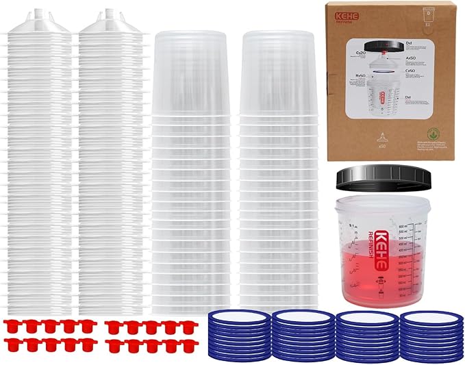 Disposable Paint Cups for Spray Gun,Mixing Cups 20 Ounce (600ml) Kit with 50 Cups,Lids and Strainer System for HVLP&LVLP,1 Hard Cup with Retainer Ring,20 Plugs
