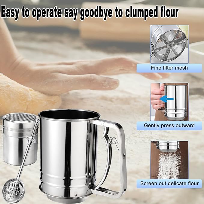 Flour Sifter, Stainless Steel 3 Cup Flour Sifters for Baking, 3 in1 Sifter for Baking with Powdered Sugar Shaker Duster and Flour for Baking Cakes, Pies, Pastries, Desserts and Cupcakes