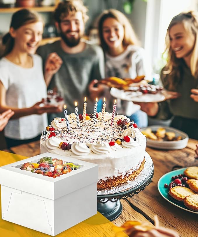 3 Pack Cake Boxes, 10x10x8 Inches Tall Cake Box with Cake Boards, White Bakery Boxes with Window, Disposable Cake Containers with Lids for Cake, Donuts, Pies, Cookies, Wedding, Birthday, Party