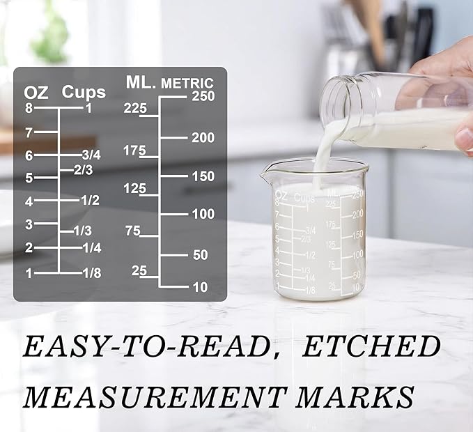 Ackers Etched Graduated Glass Measuring Cup - V-Shaped Spout- High Borosilicate Glass Measuring Cup for Kitchen or Dining, Easy to Read, 250ml (8oz, 1 Cup)