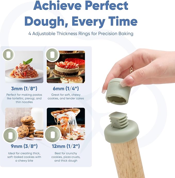 Chef's Path Baking Essentials Set - Adjustable Rolling Pin with 4 Thickness Rings, Reversible Baking Mat, 2-in-1 Silicone Dough Scraper & Wooden Dough Cutter - Food-Safe Baking Tools, Sage Green
