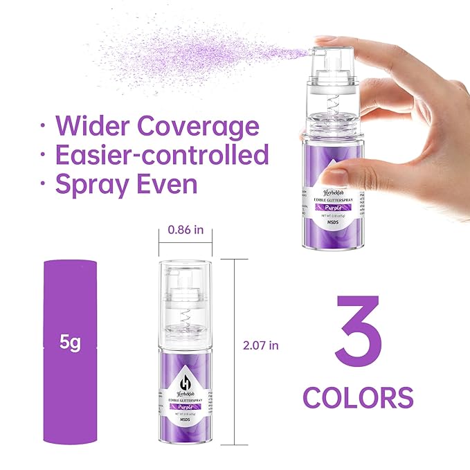 Edible Glitter Spray – 3 Colors Red, Pink, Purple Metallic Food Glitter for Cake, Cookies, Chocolate & Strawberry Decoration, 5g Each