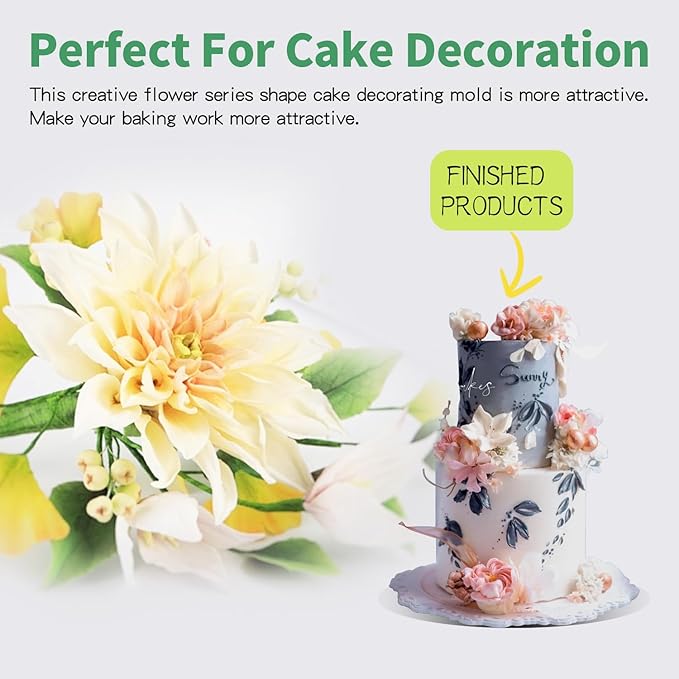 9Pcs Floral Fondant Mold Assortment, Mixed Flower Petal Veining Molds and Cutters for Sugar Craft and Candy Decoration