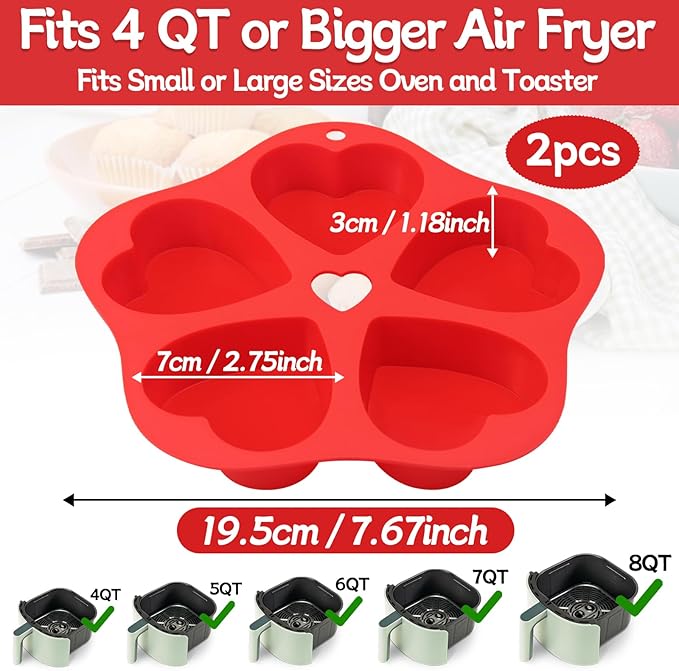 2 Pieces Silicone Air Fryer Muffin Pan Egg Bite Heart Mold for Oven Baking,Mini Muffin Tins Cups Cake Tray for Air Fryer Liners Basket Instant Pot Accessories Baking Muffin Cakes Pancake