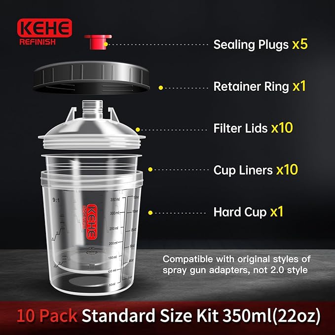 Disposable Paint Cups for Spray Gun,Mixing Cups 12 Ounce (350ml) Kit with 10 Cups and Lids with Strainer System for HVLP&LVLP,1 Hard Cup with Retainer Ring,5 Plugs,1 Caps,1 Wash Bottle