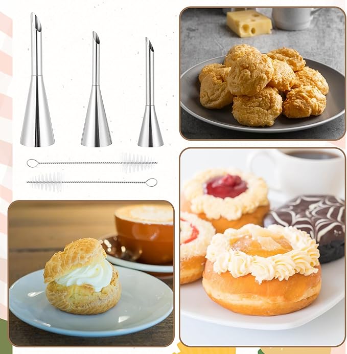 Pastry Cream Filling Tip 3 Pcs Long Cream Icing Piping Nozzle Tips with 2 Brushes Puff Pastry Filling Cake Decorating Tools Stainless Steel Pipings Tips Puff Creams Fillings Piping Tip Kit