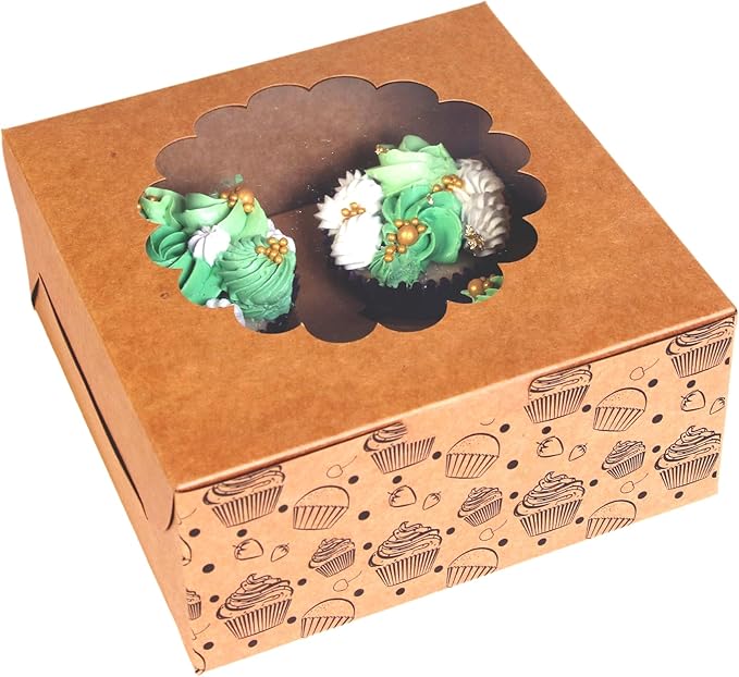 Cupcake Boxes with Insert (Pack of 20), Brown Cupcake Carrier, Food Grade Kraft Bakery Boxes with Windows and Inserts to Fit 4 Cupcakes Muffins or Pastries