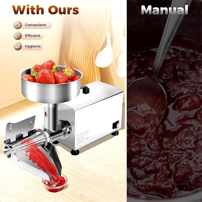 450W Electric Tomato Strainer, 304 Stainless Steel Tomato Mill Machine with Dia 4.8" Funnel, 50 Kg/H Pure Copper Motor Food Strainer and Sauce Maker for Tomato Sauce Silver 110V